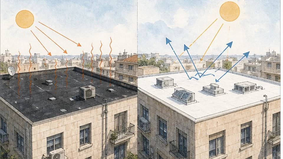 Light roof surfaces reflecting sunlight while dark roofs absorb heat