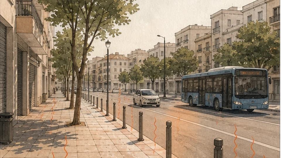 Pedestrians and transport moving through a hot urban street