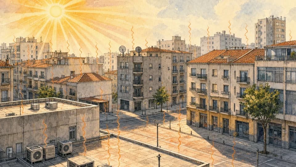 City roofs and paved surfaces absorbing heat under strong sun