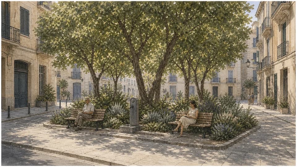 Small pocket park providing trees and shade within a dense city block