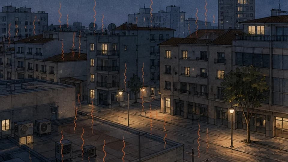 Dense city blocks releasing stored heat after sunset