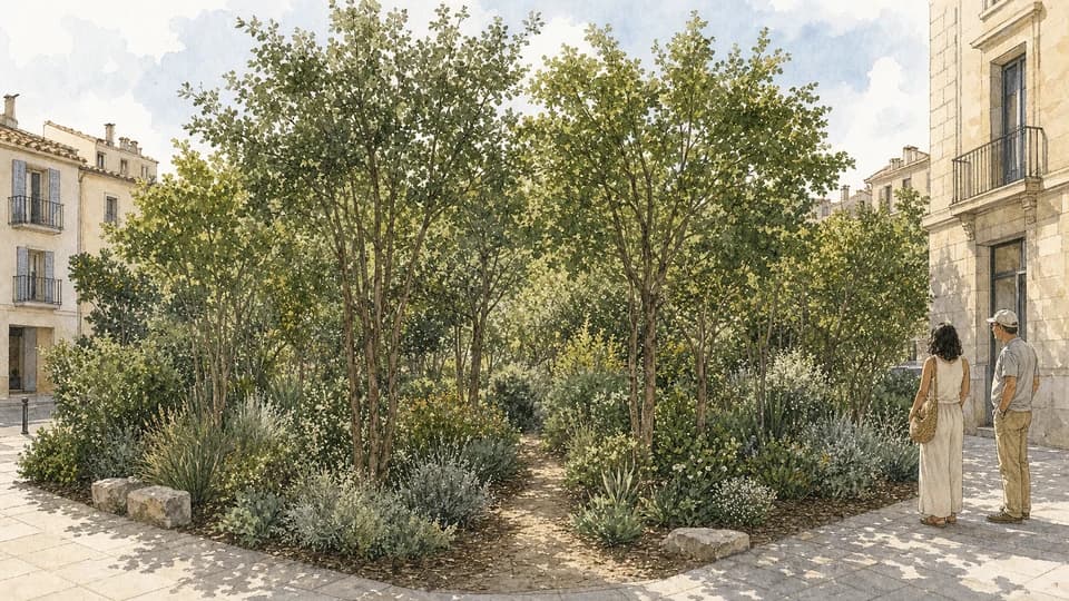 Compact tiny forest with dense layered planting in a Mediterranean city