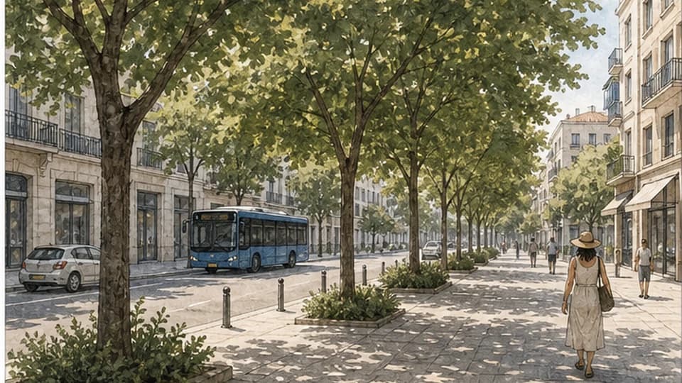Tree canopy shading a city street and pavement